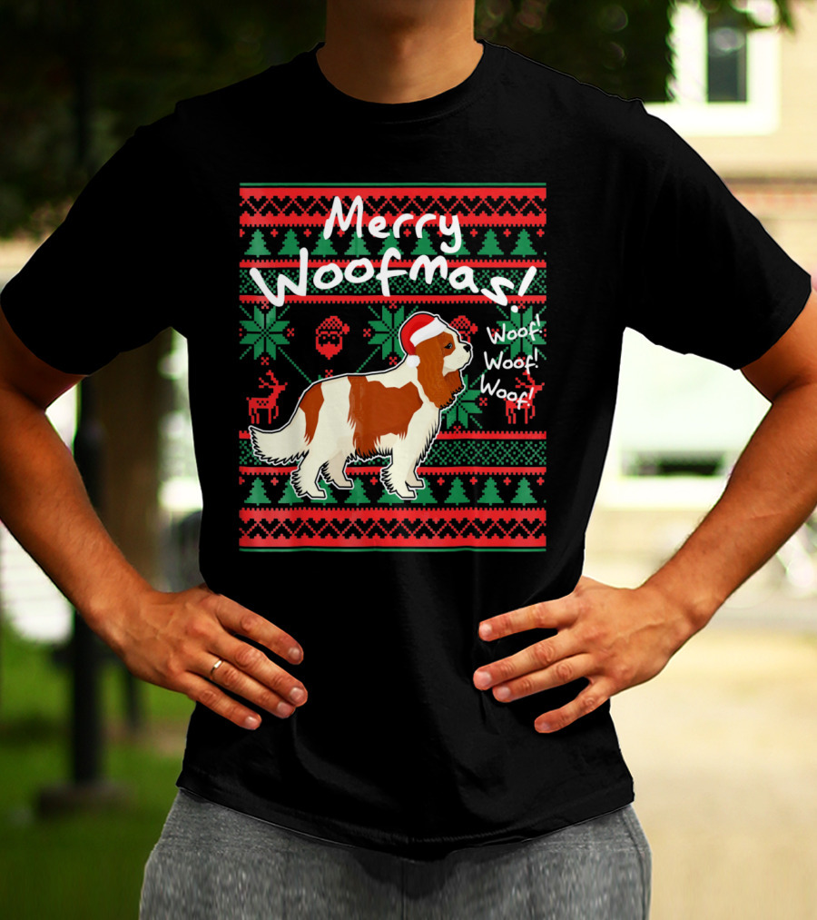 Merry Woofmas Cavalier King Charles Spaniel Festive Santa Hat Woof Woof Holiday T-Shirt