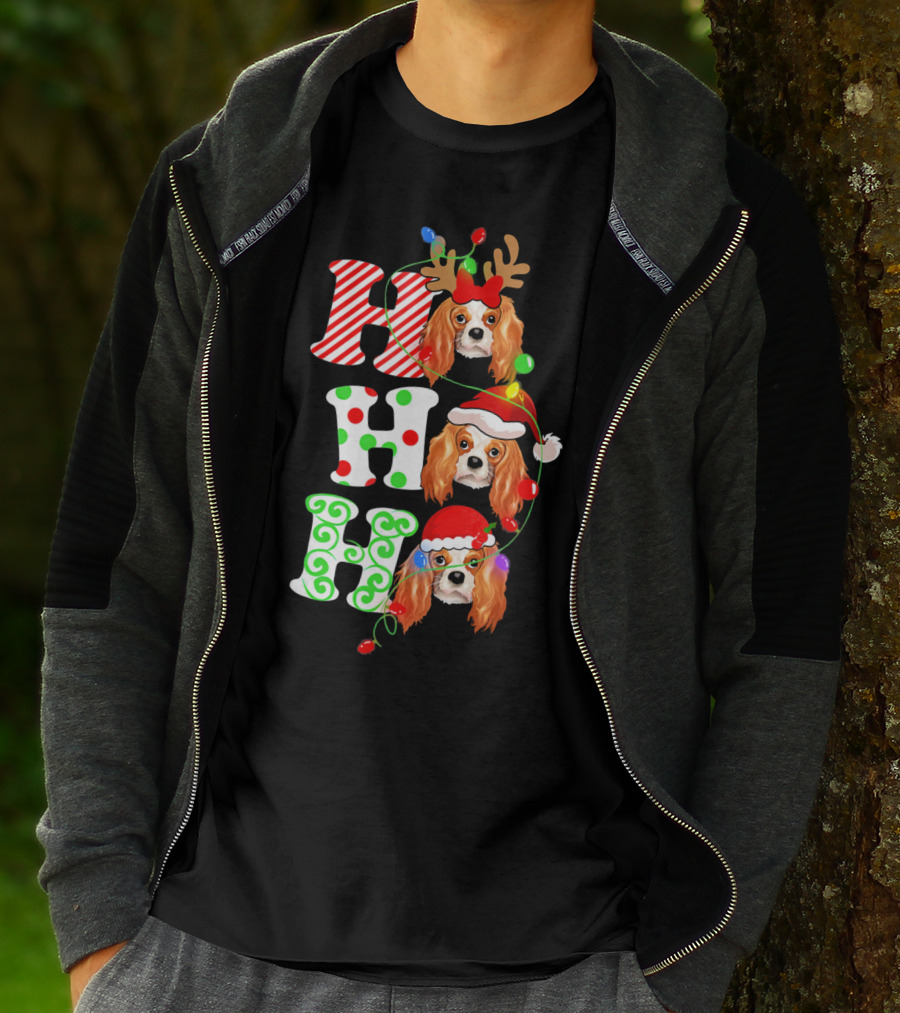 Cavalier King Charles Spaniel Santa Ho Ho Christmas Lights T-Shirt