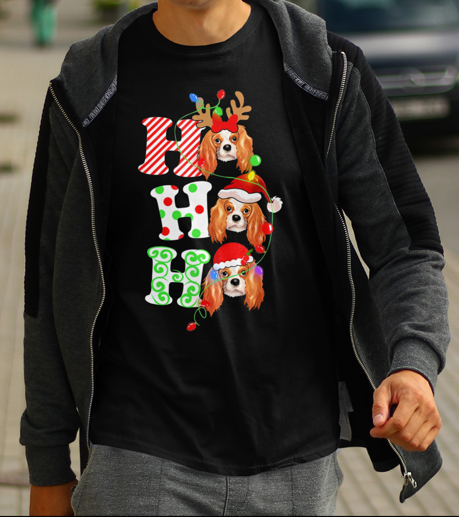 Cavalier King Charles Spaniel Santa Ho Ho Christmas Lights T-Shirt