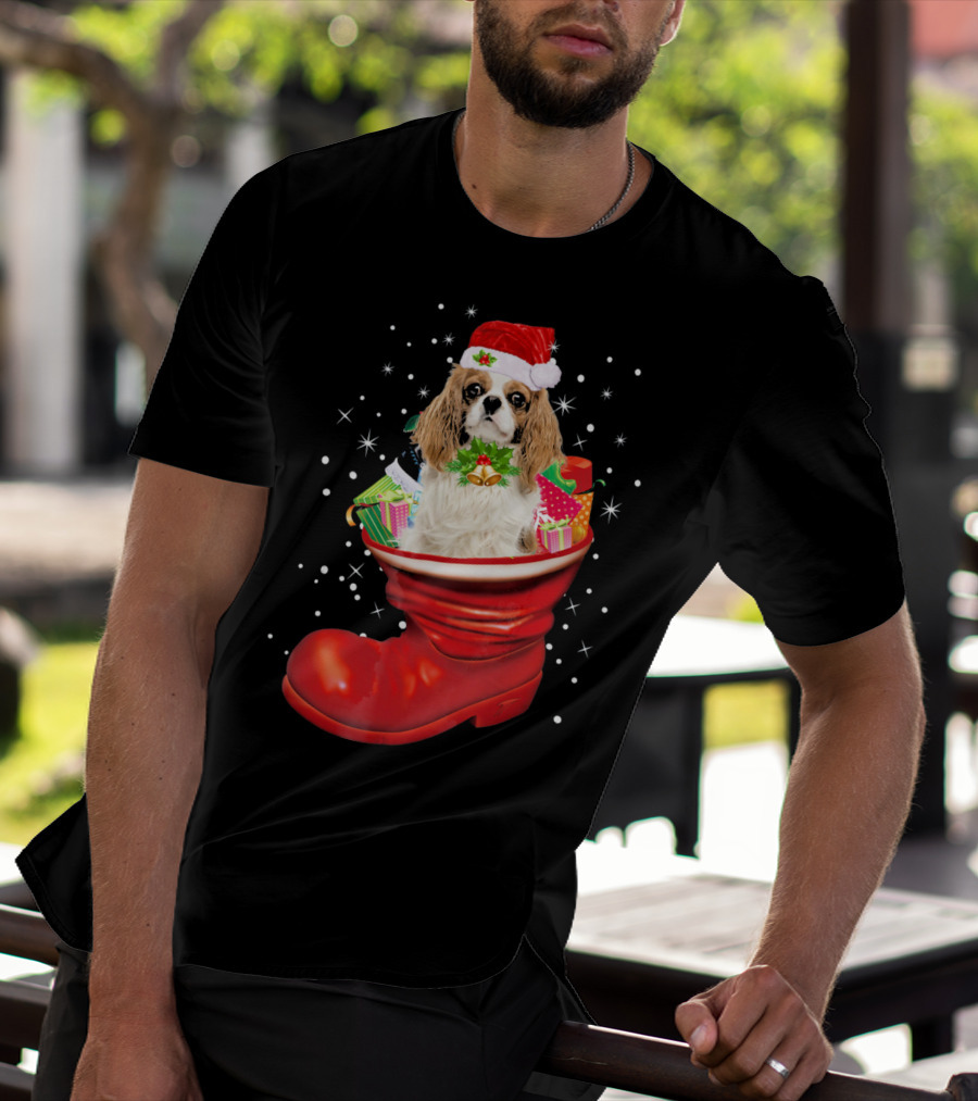 Cavalier King Christmas Dog In Festive Boot With Gifts T-Shirt