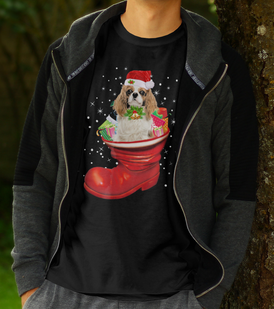 Cavalier King Christmas Dog In Festive Boot With Gifts T-Shirt