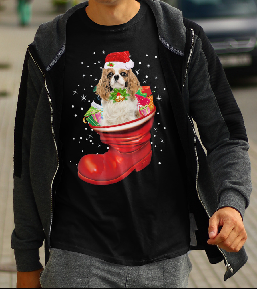 Cavalier King Christmas Dog In Festive Boot With Gifts T-Shirt