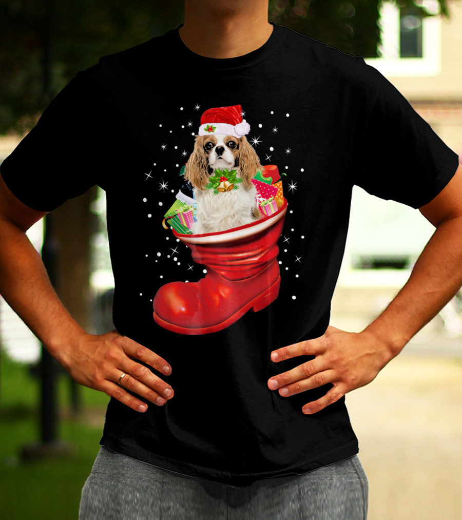 Cavalier King Christmas Dog In Festive Boot With Gifts T-Shirt