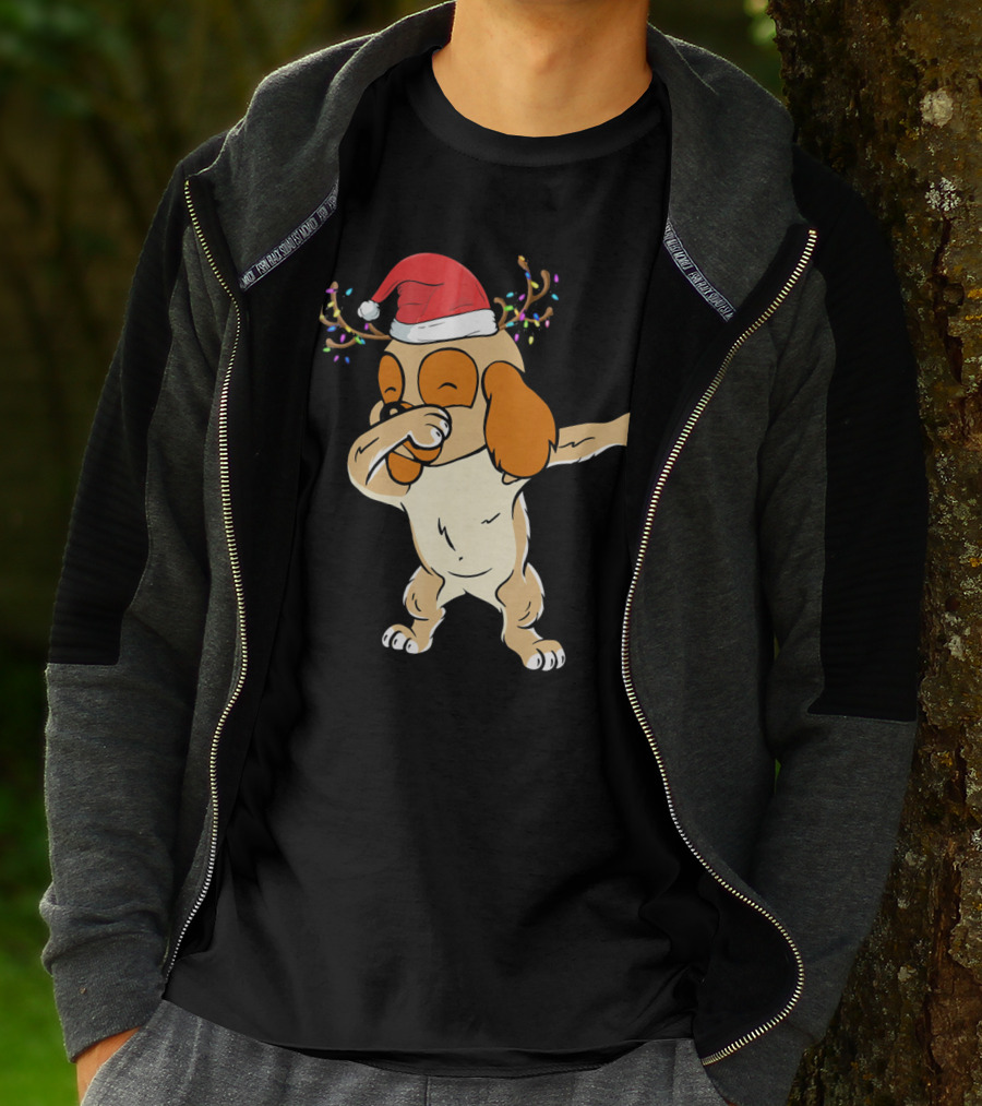 Christmas Cocker Spaniel Dabbing Reindeer Antlers Santa Hat T-Shirt