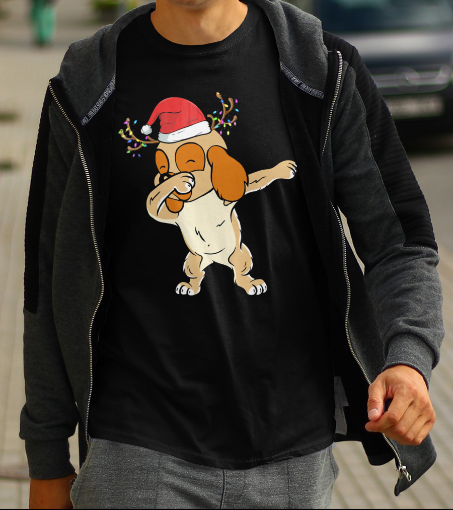 Christmas Cocker Spaniel Dabbing Reindeer Antlers Santa Hat T-Shirt