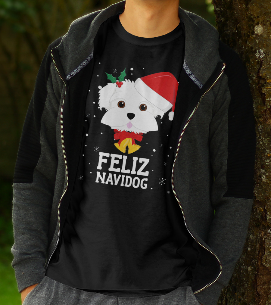 Feliz Navidog Christmas Maltese Dog With Santa Hat And Holly T-Shirt
