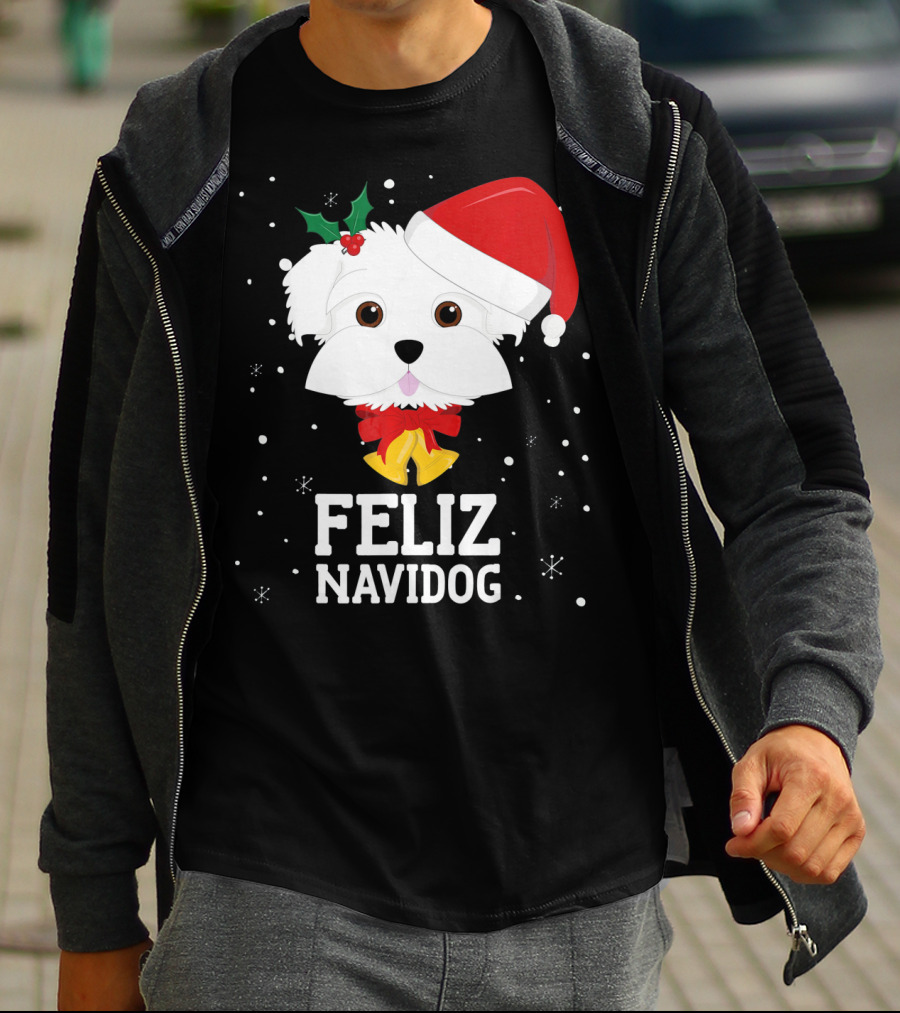 Feliz Navidog Christmas Maltese Dog With Santa Hat And Holly T-Shirt
