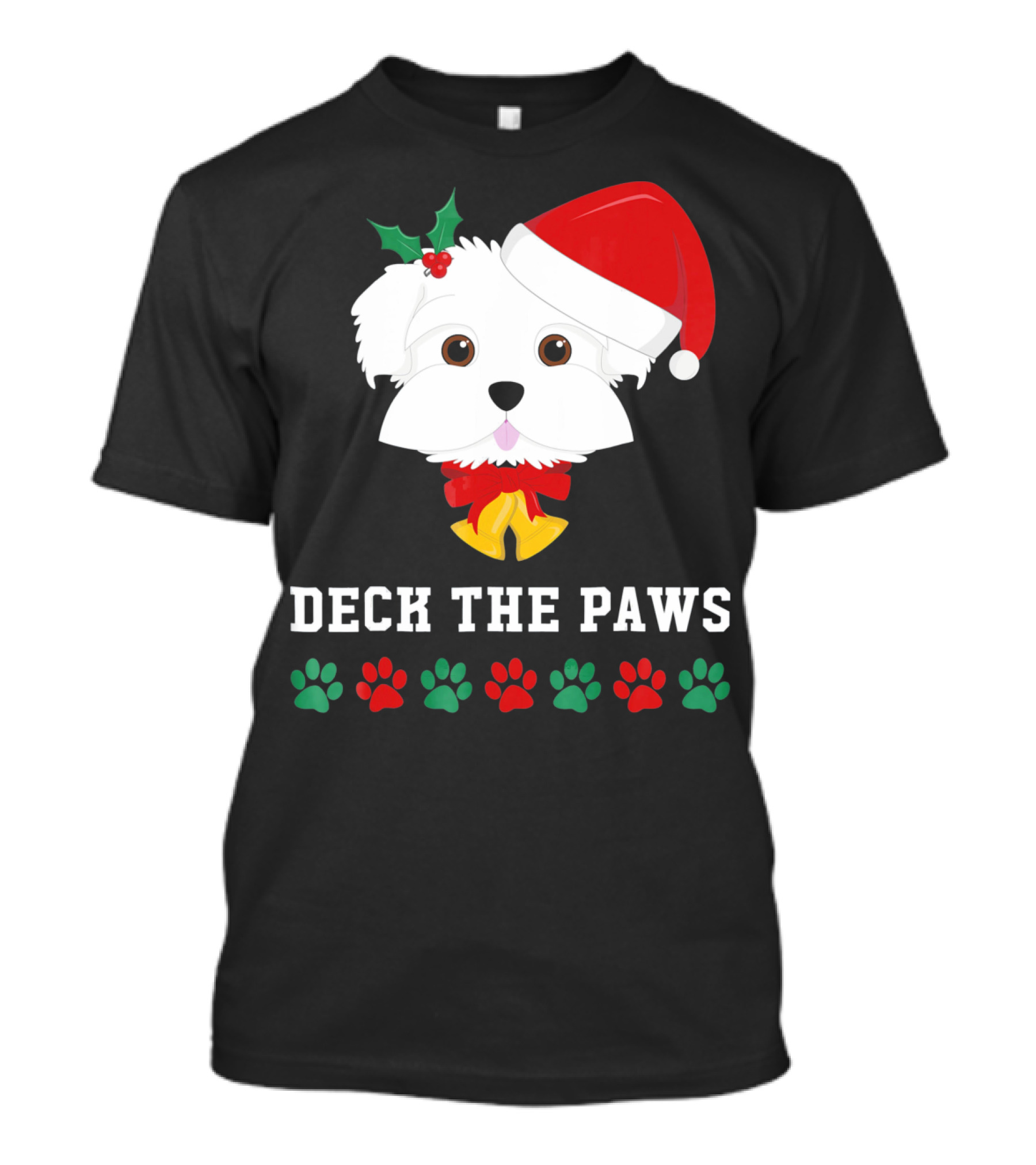 Deck The Paws Christmas Dog Maltese Santa Hat Paw Prints T-Shirt