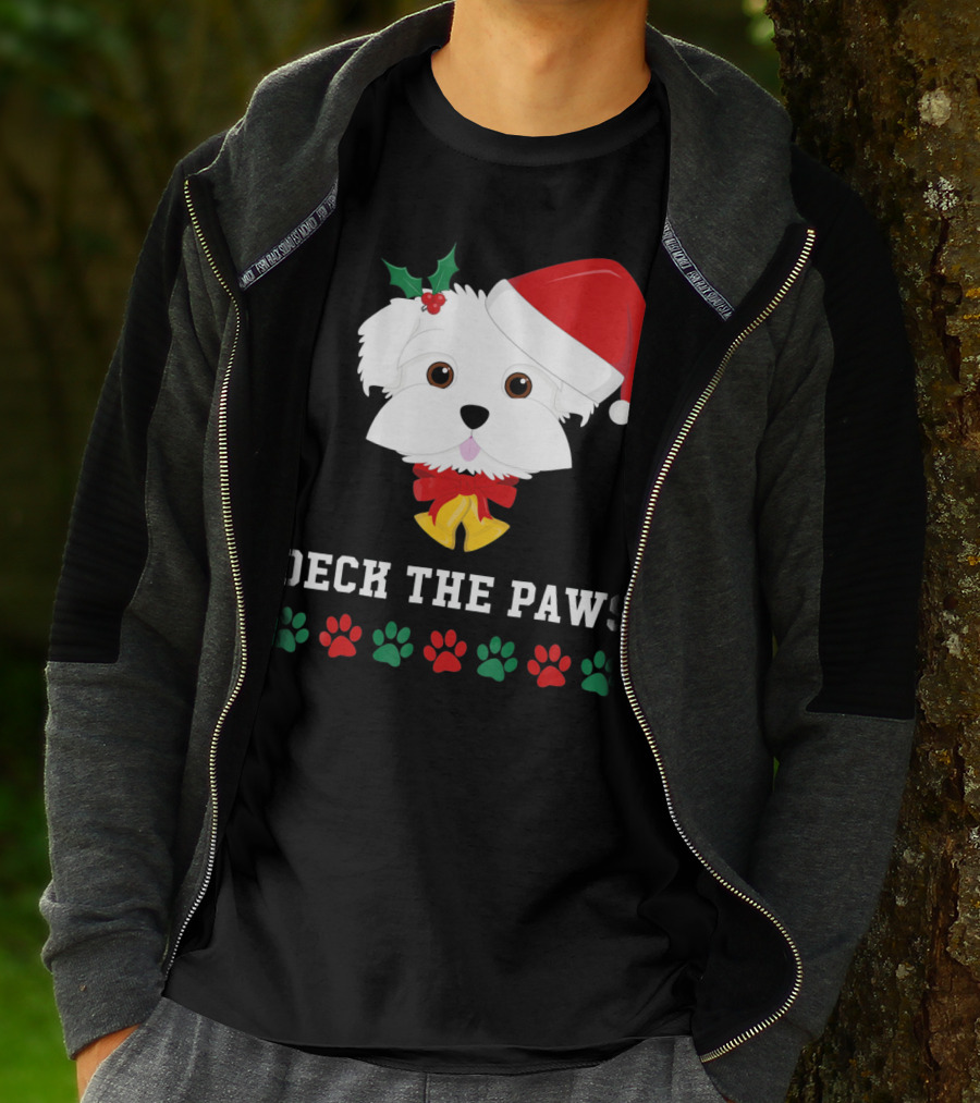 Deck The Paws Christmas Dog Maltese Santa Hat Paw Prints T-Shirt
