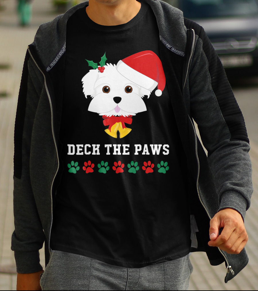 Deck The Paws Christmas Dog Maltese Santa Hat Paw Prints T-Shirt