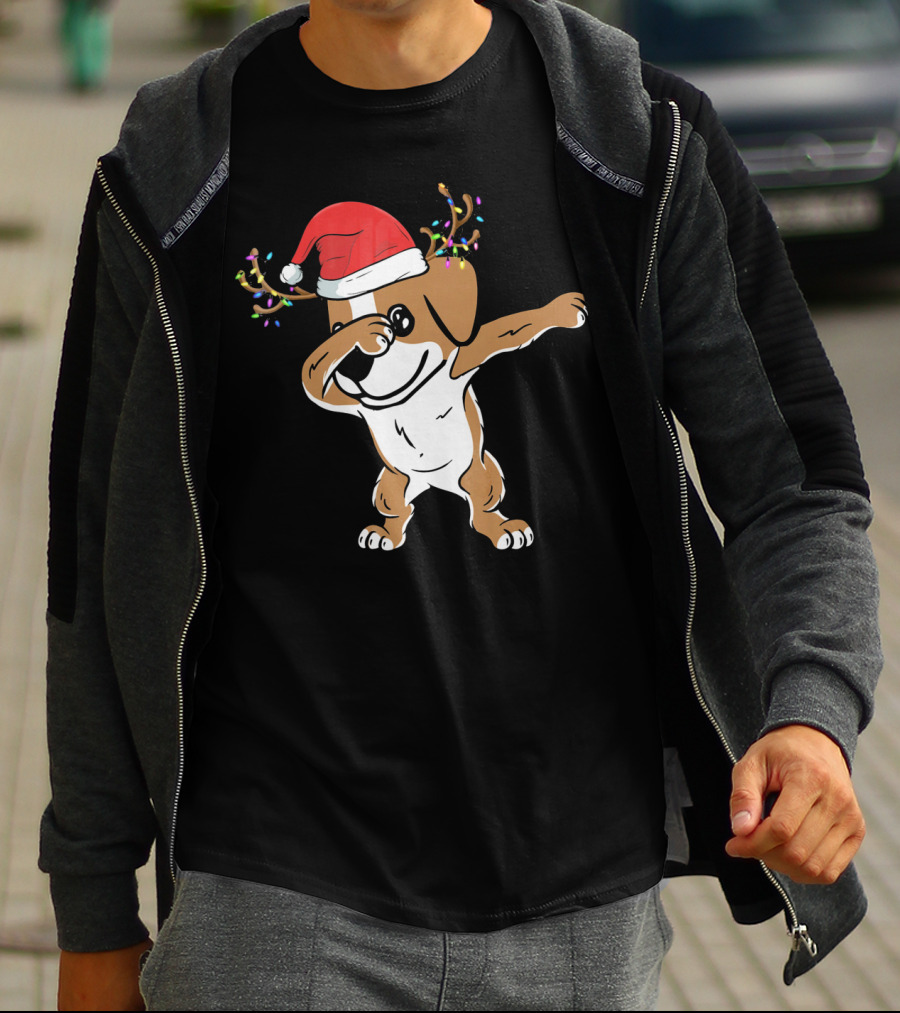 Christmas Jack Russell Terrier With Santa Hat And Reindeer Antlers Dabbing Dab T-Shirt