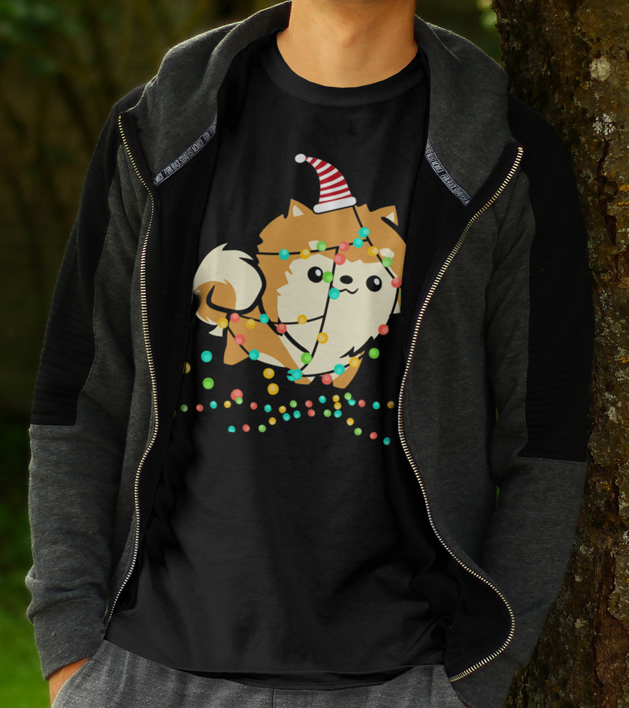 Christmas Lights Pomeranian Santa Hat T-Shirt