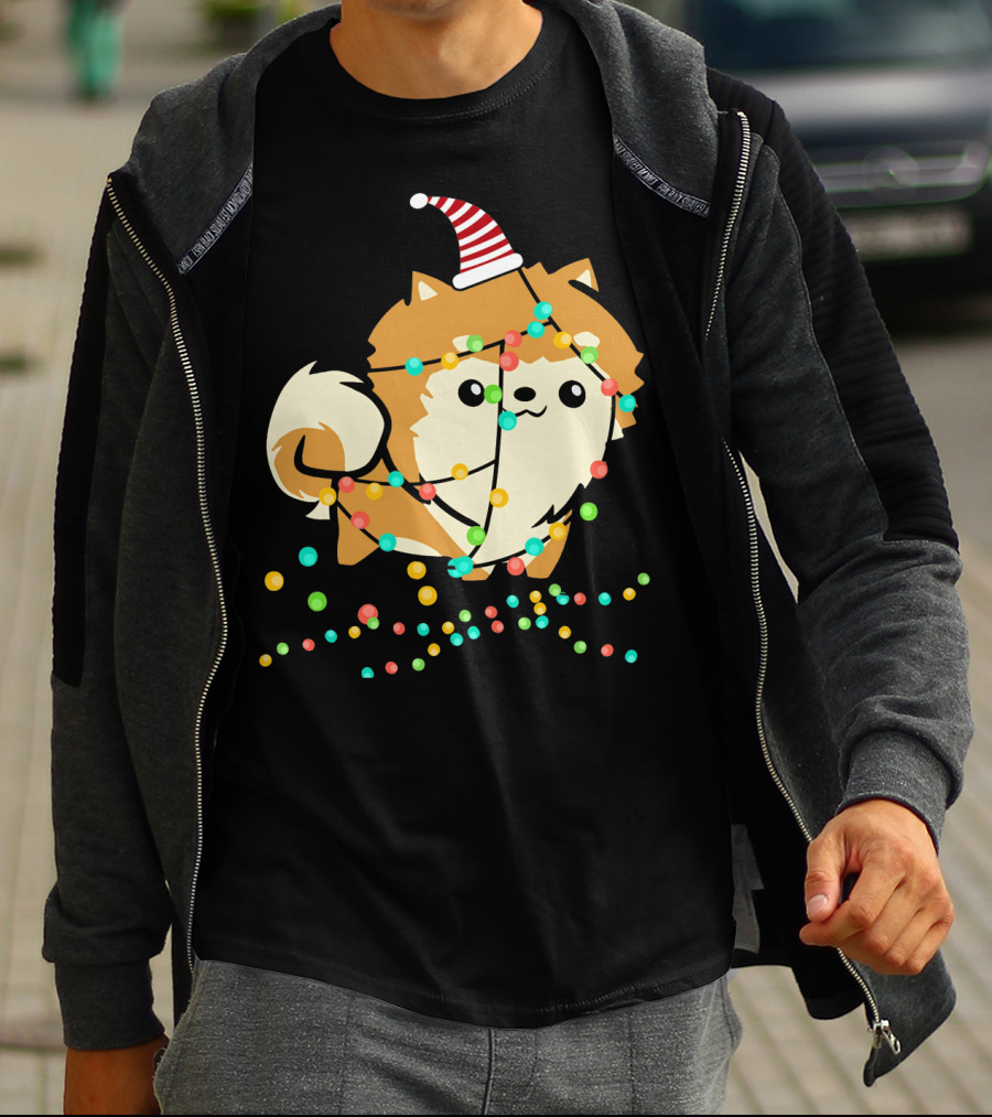 Christmas Lights Pomeranian Santa Hat T-Shirt