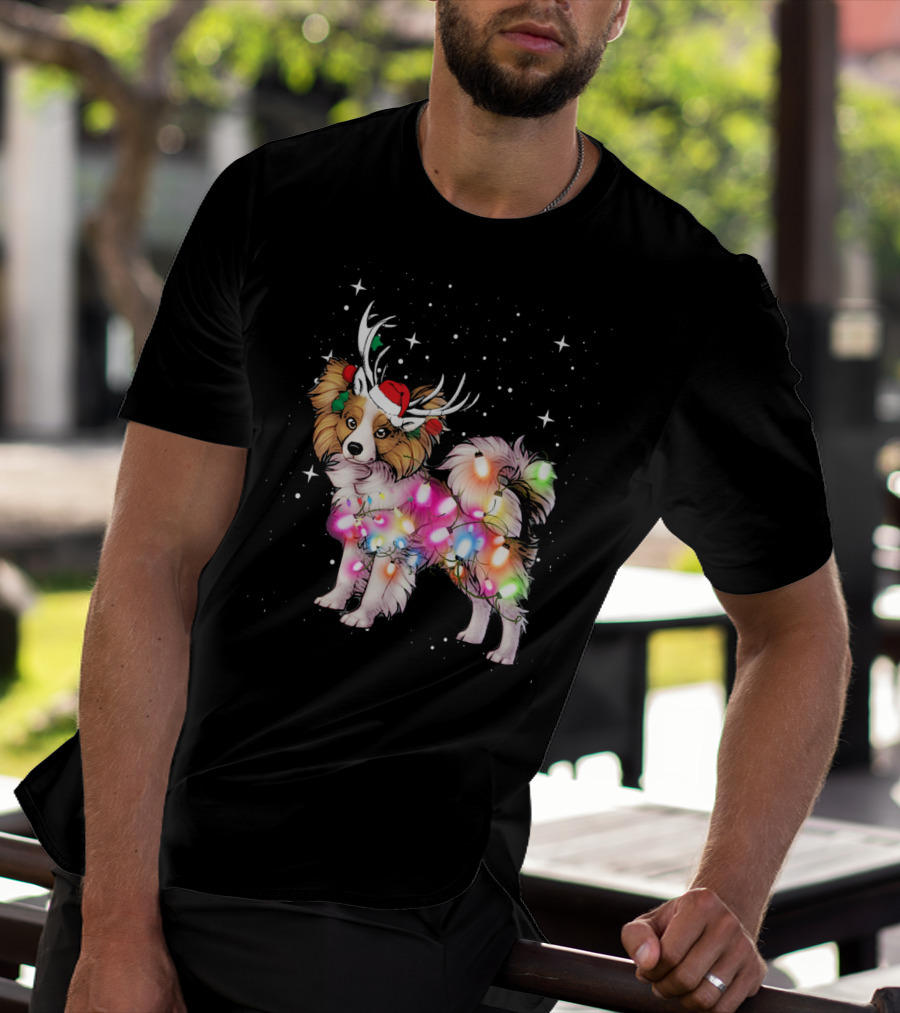 Papillon With Christmas Lights And Santa Antlers T-Shirt