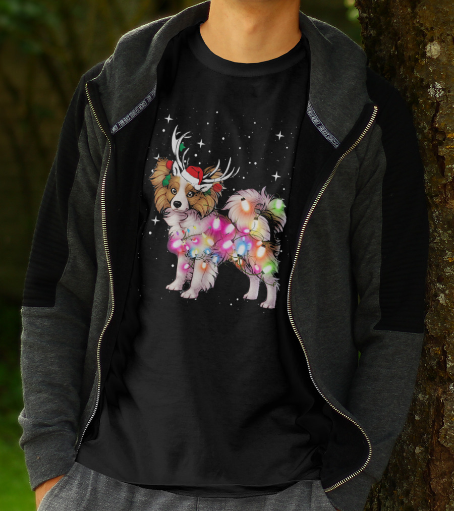 Papillon With Christmas Lights And Santa Antlers T-Shirt