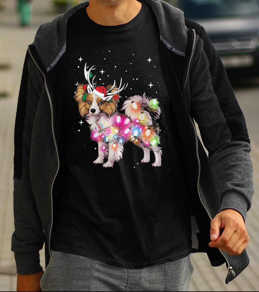Papillon With Christmas Lights And Santa Antlers T-Shirt