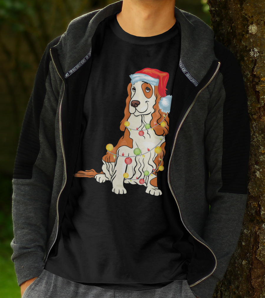 Cocker Spaniel Wearing Santa Hat With Colorful Christmas Lights T-Shirt
