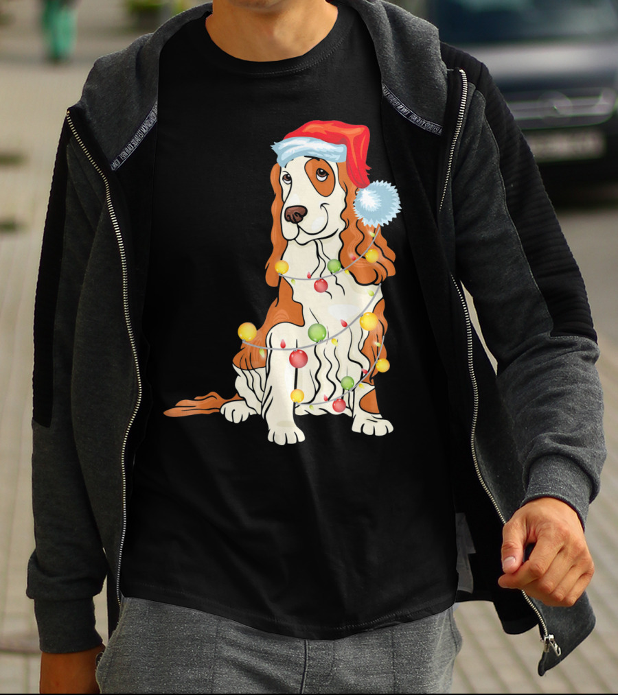 Cocker Spaniel Wearing Santa Hat With Colorful Christmas Lights T-Shirt
