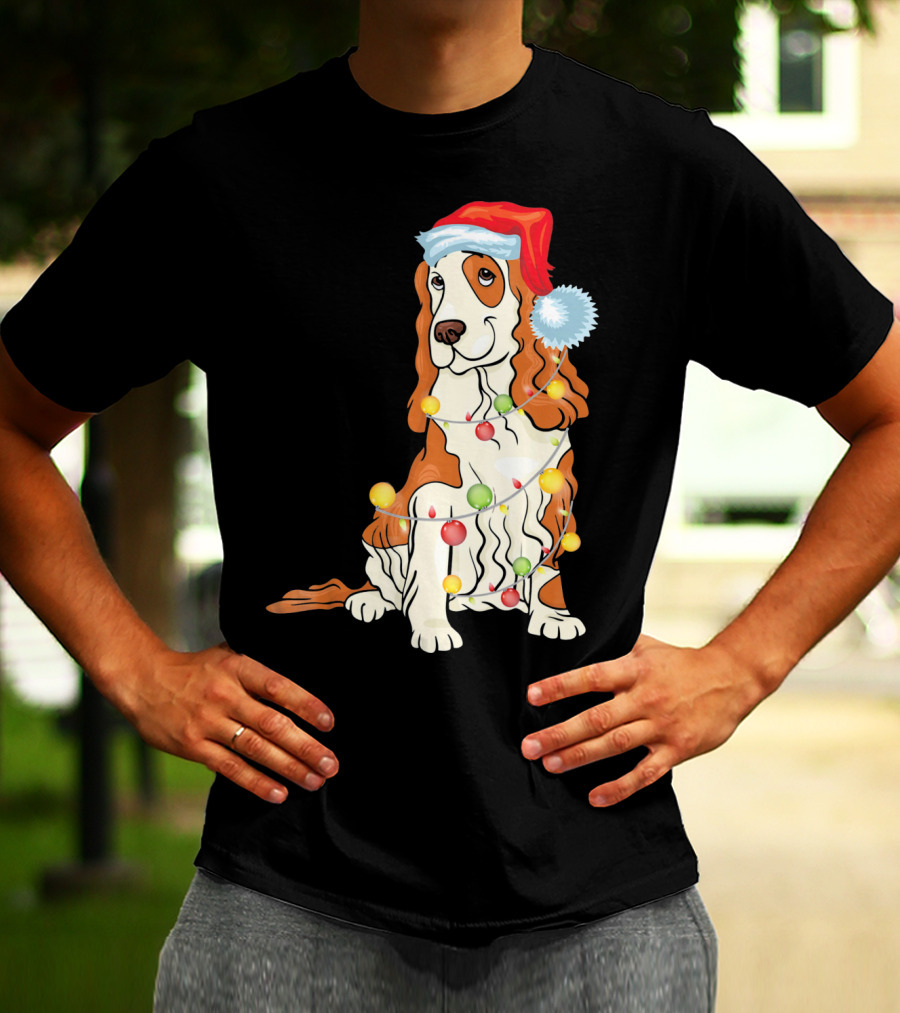Cocker Spaniel Wearing Santa Hat With Colorful Christmas Lights T-Shirt