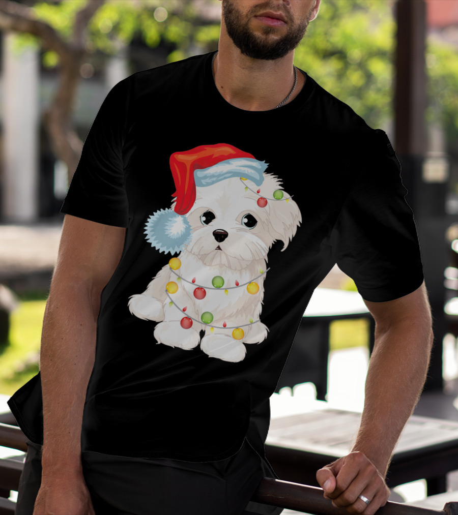 Santa Hat Maltese Dog Wrapped In Christmas Lights T-Shirt