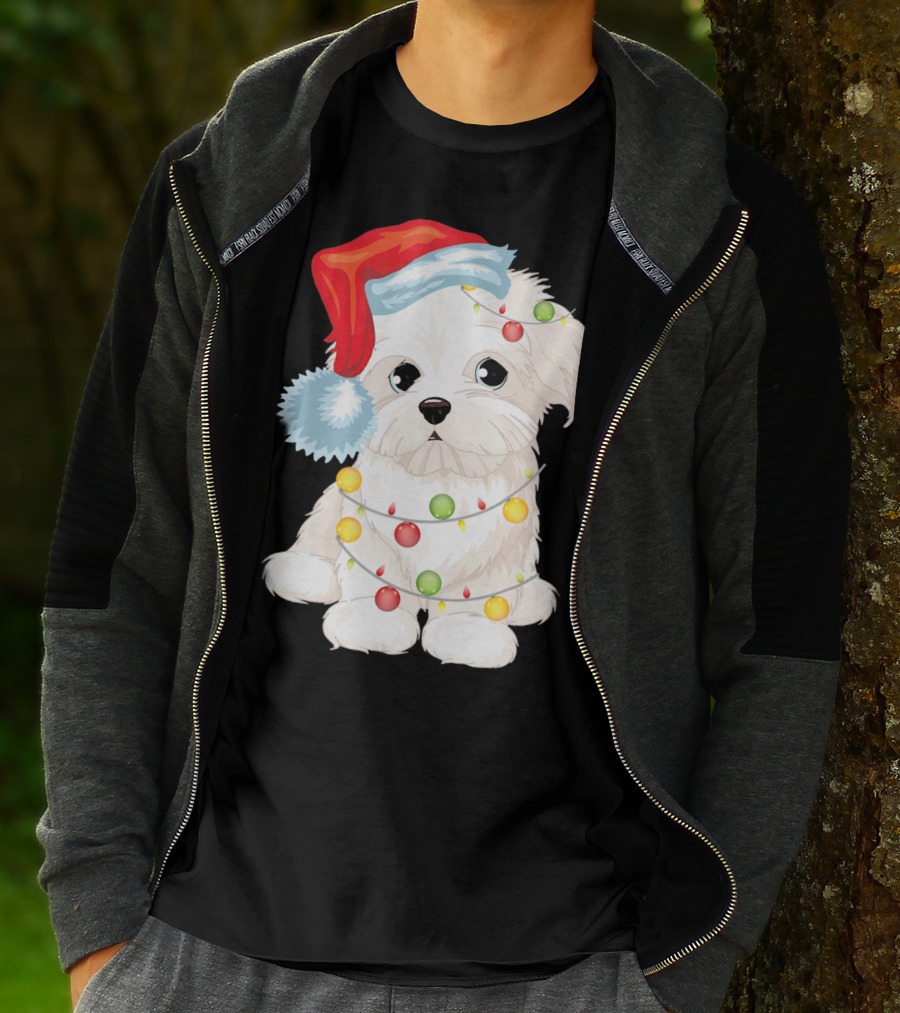Santa Hat Maltese Dog Wrapped In Christmas Lights T-Shirt