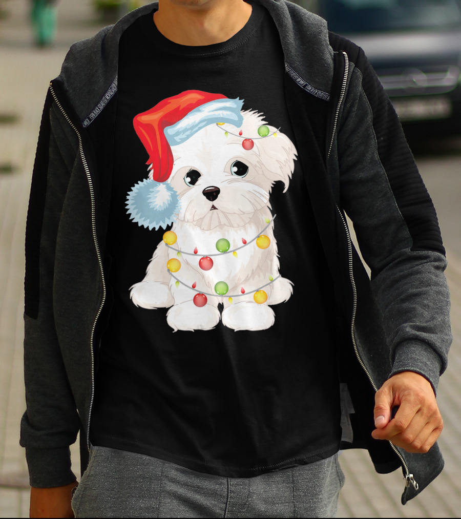 Santa Hat Maltese Dog Wrapped In Christmas Lights T-Shirt