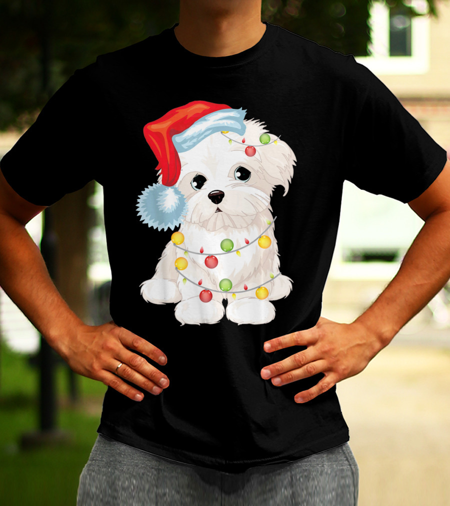 Santa Hat Maltese Dog Wrapped In Christmas Lights T-Shirt