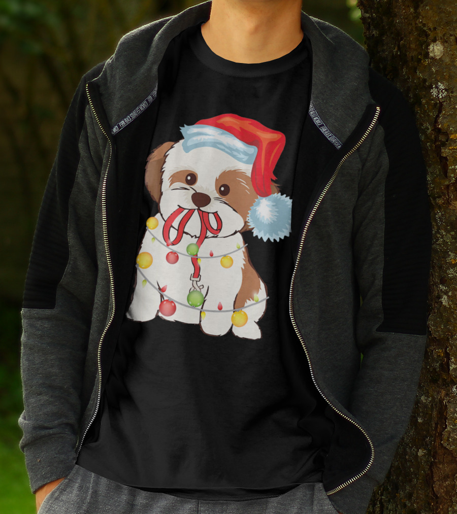 Christmas Lights Shih Tzu With Santa Hat And Festive Ornaments T-Shirt