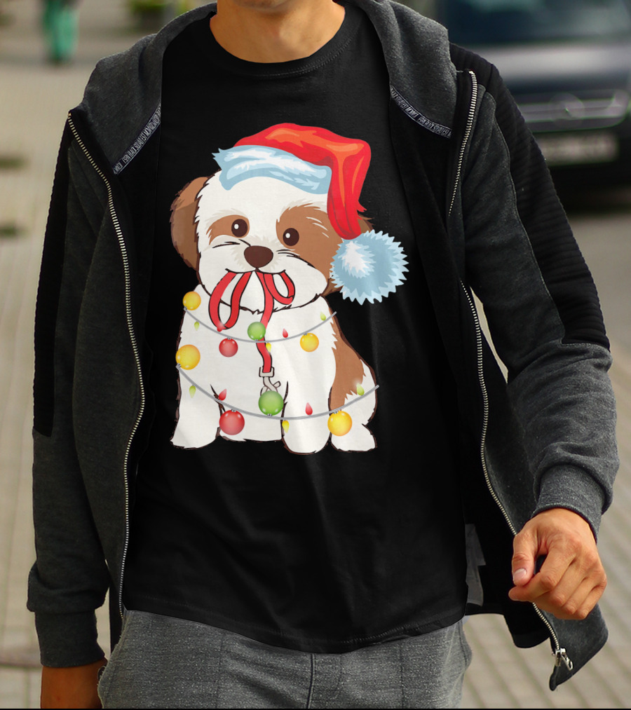 Christmas Lights Shih Tzu With Santa Hat And Festive Ornaments T-Shirt