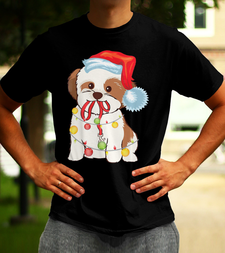 Christmas Lights Shih Tzu With Santa Hat And Festive Ornaments T-Shirt