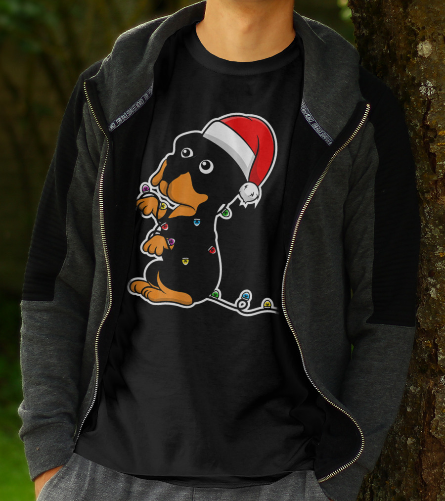 Christmas Rottweiler Puppy Santa Hat Lights T-Shirt