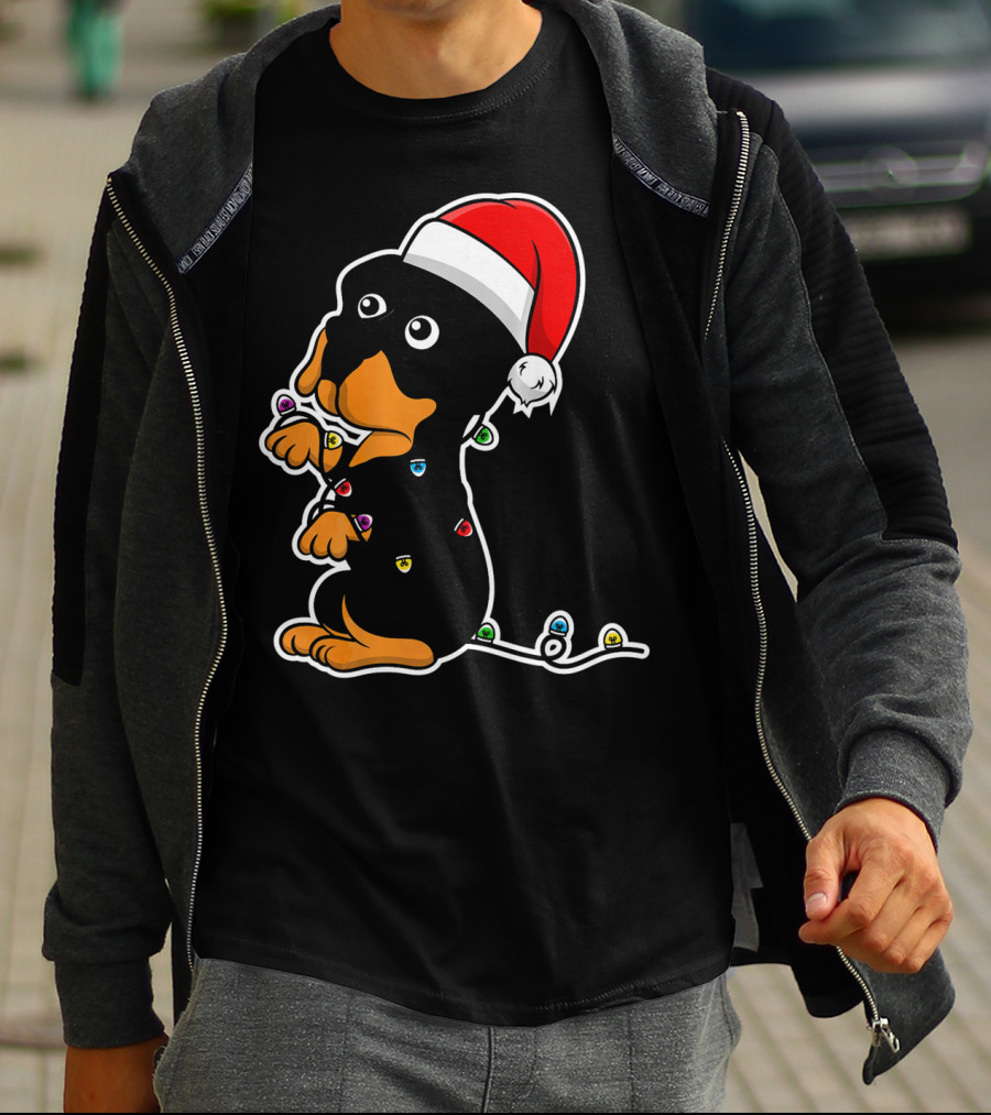 Christmas Rottweiler Puppy Santa Hat Lights T-Shirt