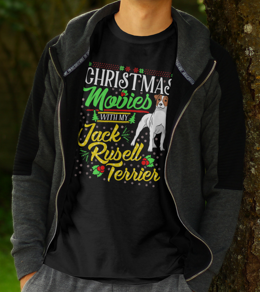Christmas Movies With My Jack Russell Terrier Snowflakes And Holly T-Shirt
