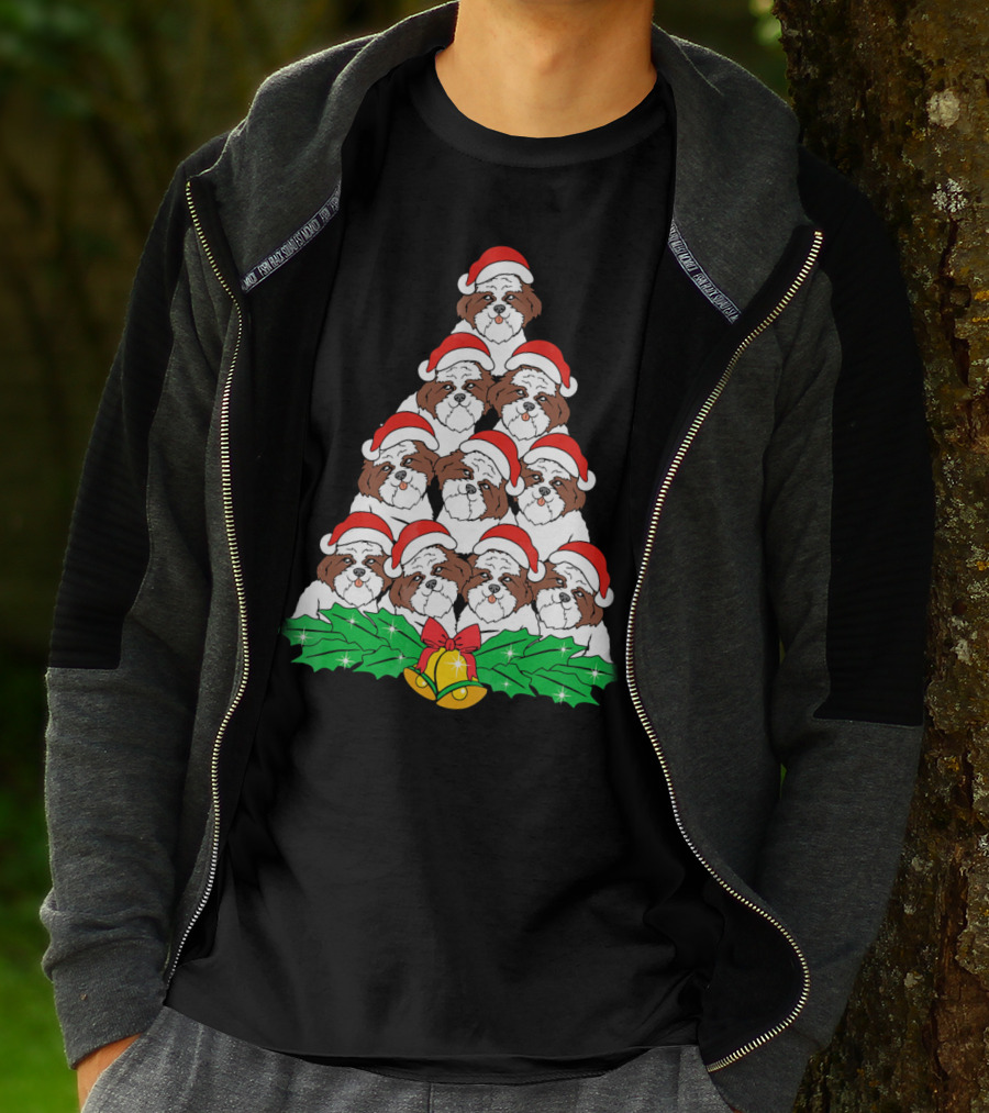 Christmas Shih Tzu Santa Hats Tree With Holly And Bells T-Shirt