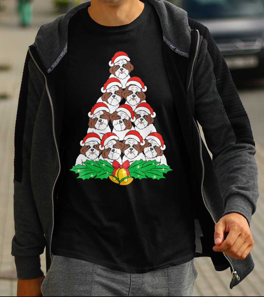 Christmas Shih Tzu Santa Hats Tree With Holly And Bells T-Shirt
