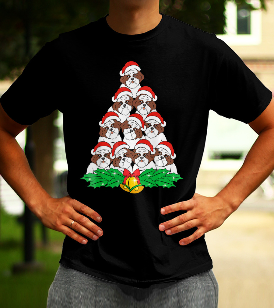 Christmas Shih Tzu Santa Hats Tree With Holly And Bells T-Shirt