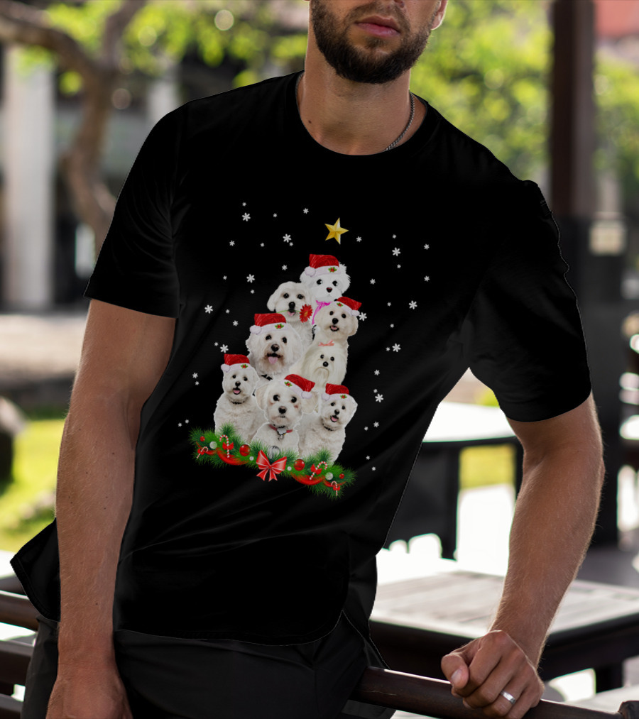 Maltese Dogs Christmas Tree With Santa Hats And Star T-Shirt