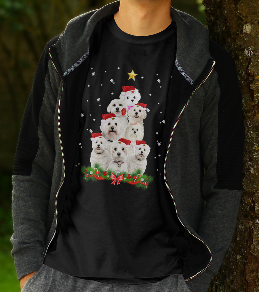Maltese Dogs Christmas Tree With Santa Hats And Star T-Shirt