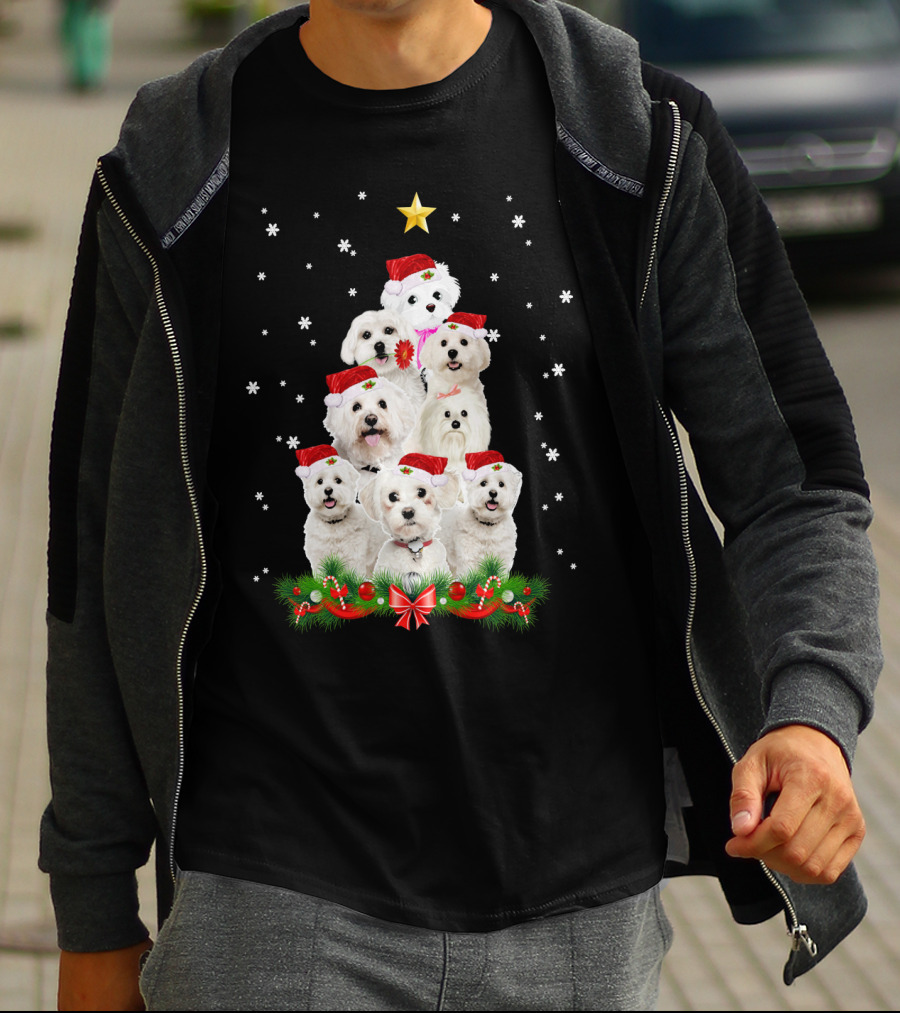 Maltese Dogs Christmas Tree With Santa Hats And Star T-Shirt