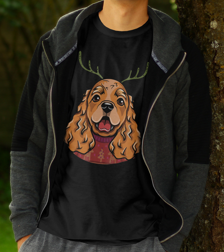 Cocker Spaniel Dog With Reindeer Antlers And Holiday T-Shirt