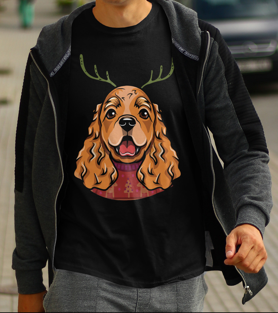 Cocker Spaniel Dog With Reindeer Antlers And Holiday T-Shirt