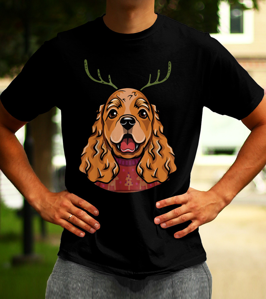 Cocker Spaniel Dog With Reindeer Antlers And Holiday T-Shirt