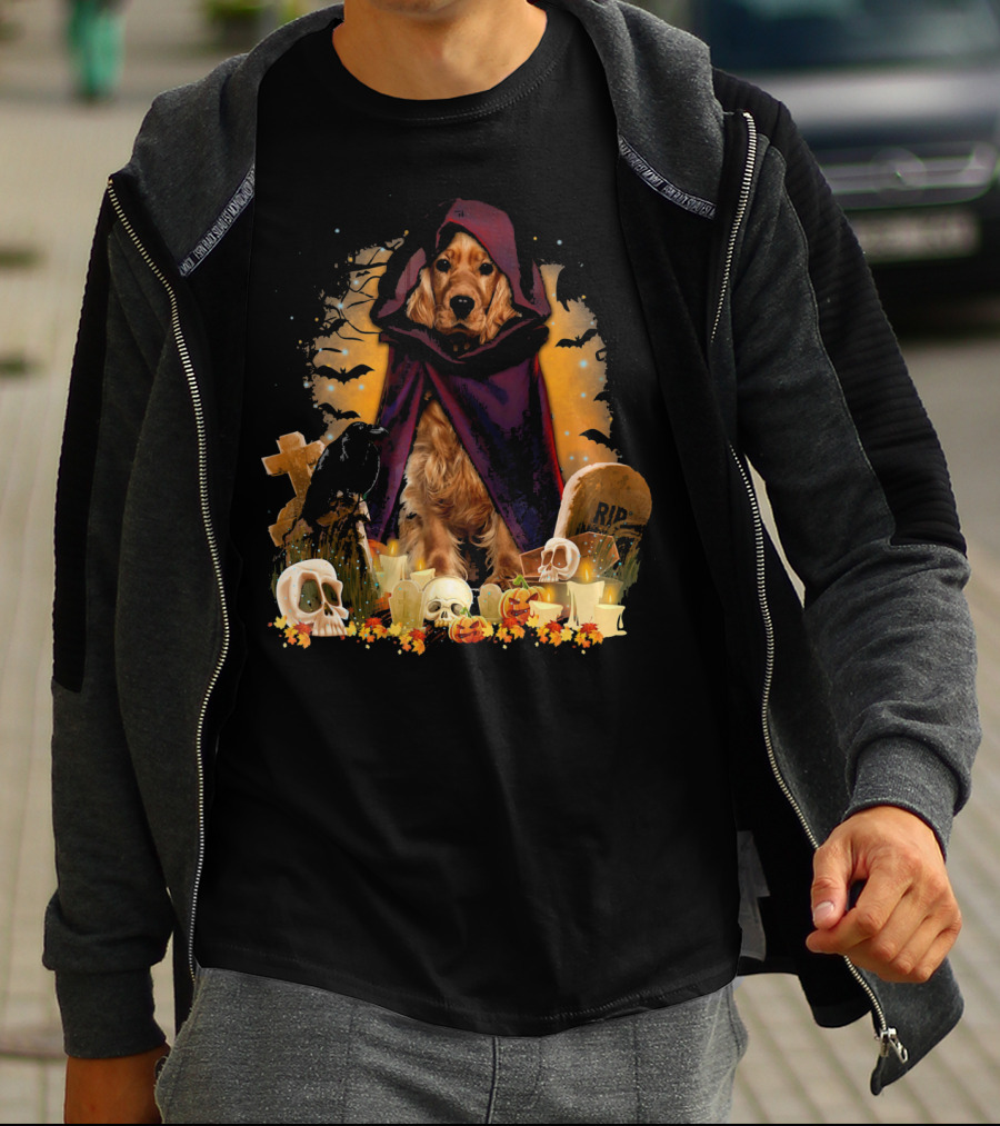 Cocker Spaniel Halloween Hooded Dog With Skulls And Tombstones T-Shirt