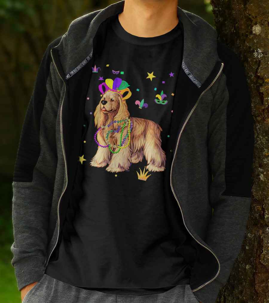 Cocker Spaniel Dog Mardi Gras Party Celebration Beads And Mask T-Shirt