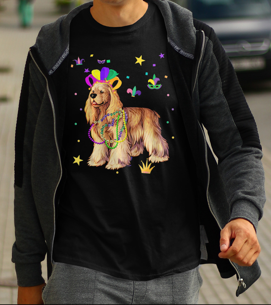 Cocker Spaniel Dog Mardi Gras Party Celebration Beads And Mask T-Shirt
