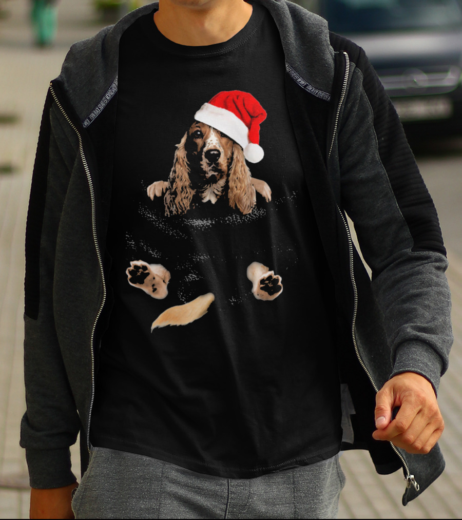 Cocker Spaniel Christmas Santa Hat In Pocket T-Shirt