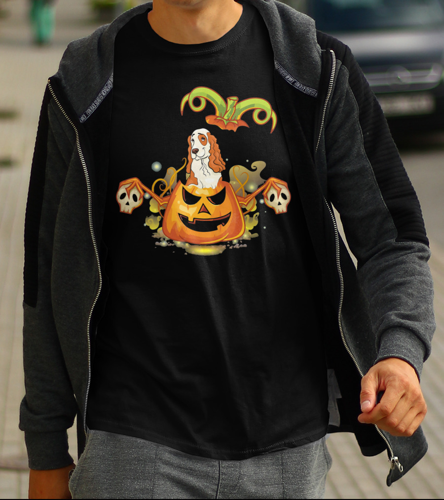 Cocker Spaniel Dog Halloween Pumpkin With Skulls T-Shirt