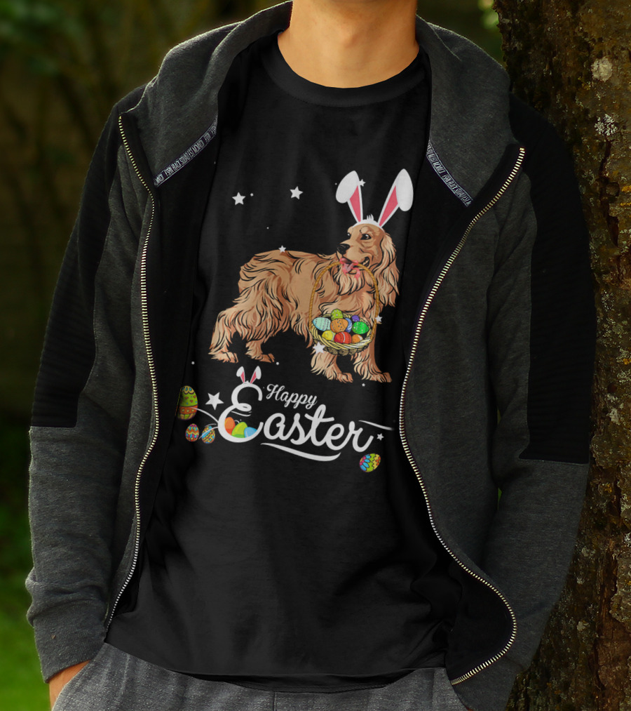 Cocker Spaniel With Bunny Hat Holding Easter Egg Basket Happy Easter T-Shirt