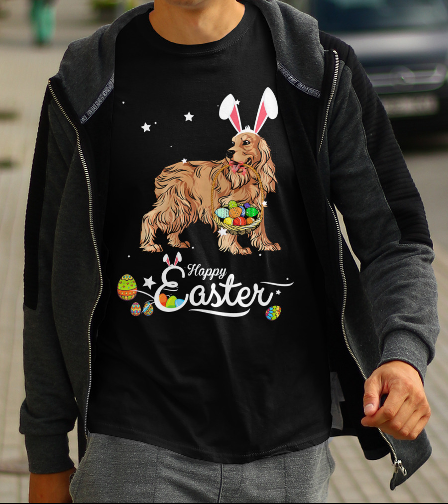 Cocker Spaniel With Bunny Hat Holding Easter Egg Basket Happy Easter T-Shirt