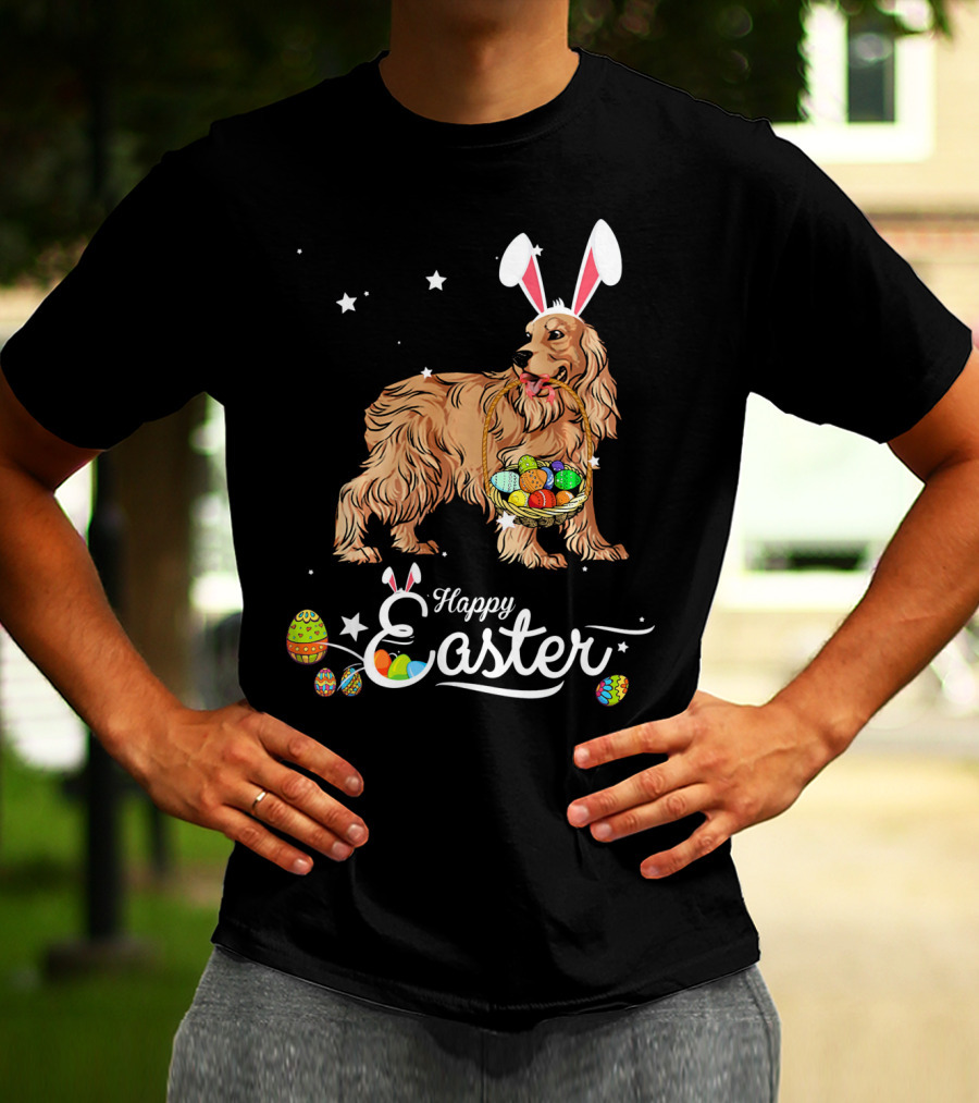 Cocker Spaniel With Bunny Hat Holding Easter Egg Basket Happy Easter T-Shirt